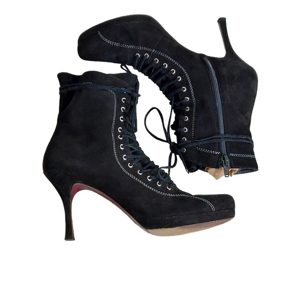 Vintage‎ 90's Y2K Black Suede Platform Lace Up Boots Goth Witchcore Sexy - Picture 1 of 16